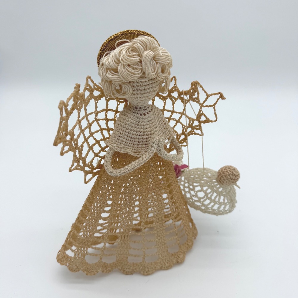 Vintage Crochet Angel & Bird Ornament Christmas‎ Decor Tree Topper Beige Lace 9"